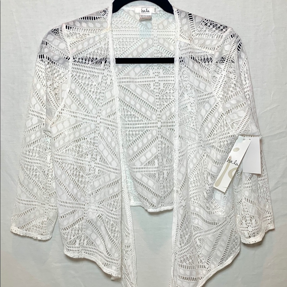 Isela LG White Short Sleeve Crotchet Cardigan